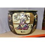 A LATE 20TH CENTURY SATSUMA STYLE FISH BOWL, printed and tinted decoration, approximate height