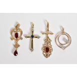 A SELECTION OF FOUR PENDANTS, to include a sapphire and diamond detailed cross, with a 9ct
