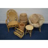 A QUANTITY OF WICKER FURNITURE, to include an armchair, linen basket, stair basket, magazine rack,