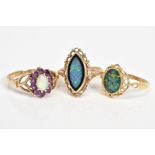A SELECTION OF GEM SET RINGS, to include an opal and amethyst cluster ring, with open work