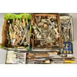 TWO BOXES OF MISCELLANEOUS CUTLERY AND FLATWARE, ETC, including nutcrackers, late Victorian