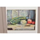 AN EARLY 20TH CENTURY STILL LIFE STUDY OF A MARROW AND FRUIT, indistinctly signed bottom left, oil