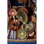 TWO BOXES OF COPPER, BRASS, C.D'S, DRESSING TABLE TRAYS, etc, including modern photograph frames,