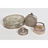 FOUR VARIOUS WHITE METAL/SILVER BOXES, comprising an oval box with hinged lid, stamped 800 to the