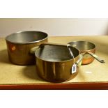 TWO ELKINGTON AND CO COPPER SAUCEPANS, 21cm and 14cm with pouring lid, together with an 18cm