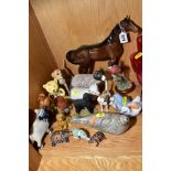 A GROUP OF SEVENTEEN ANIMAL, BIRD AND BEAR FIGURES, including a Beswick swish tail horse, model No.