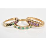 THREE 9CT GOLD GEM SET RINGS, to include a gemstone set dearest ring, hallmark rubbed, ring size