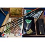BOX OF GOLFING ITEMS, etc to include a McEwan Club with wooden shaft stamped 'MORTON', another