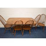 AN ERCOL GOLDEN DAWN ELM REFECTORY TABLE, width 153cm x depth 85cm x height 73cm and five high