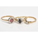 THREE 9CT GOLD RINGS, to include an oval cut sapphire and single cut diamond detail surround, with