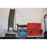 A PAIR OF STEEL CAR RAMPS AND TWO TOOLBOXES OF TOOLS including Britool, King Dick and others