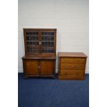 AN EDWARDIAN WALNUT CHEST OF THREE LONG DRAWERS, width 91cm x depth 53cm x height 84cm, together