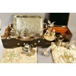 A BOX OF SILVER PLATE, ETC, including a Victorian coromandel workbox, lacks fitted interior, two