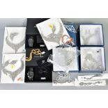 A BOX OF COSTUME JEWELLERY, to include three necklaces, a white, yellow and rose coloured fancy link