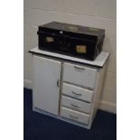 A VINTAGE BLACK PAINTED TIN TRUNK, together with a painted enamel topped kitchen cabinet (2)