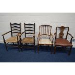 A PAIR OF LATE 19TH CENTURY OAK RUSH SEATED LADDER BACK CHAIRS (sd) together with a Georgian