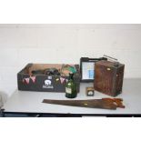 A VINTAGE SHELL FUEL CAN, with brass shell cap and a tray containing hand tools including