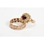 TWO 9CT GOLD GEM SET RINGS, the first designed as a raised cluster set with a circular cut garnet