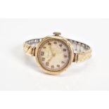 A LATE 1920'S 9CT GOLD ROLEX WRISTWATCH, the deteriorated cream dial with Arabic numerals and