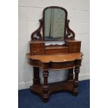 A LATE VICTORIAN MAHOGANY DUCHESS DRESSING TABLE, with a single mirror and six drawers, width