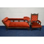AN EDWARDIAN MAHOGANY FRAMED RED BUTTONED UPHOLSTERED CHAISE LONGUE, width 175cm, together with a