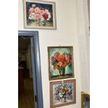 THREE STILL LIFE STUDIES OF FLOWERS to include Marcelle Plaza oil on board, signed bottom right,