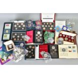 A LARGE BOX OF COINS, to include six UK proof sets, a 1953 specimen set, coin covers, silver proof