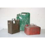 THREE VINTAGE AND MODERN FUEL CANS, including a battered Jerry can overpainted green, a Bell Ready