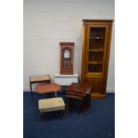 A MODERN PINE GLAZED CORNER CUPBOARD, together with a mahogany nest of tables, a modern wall