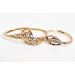 THREE 9CT GOLD DIAMOND SET RINGS, the first designed with a single cut diamond within a illusion