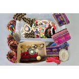 A BOX OF ITEMS, to include dyed wooden bead stretch bracelets, imitation pearl necklaces, plastic