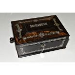 A VICTORIAN COROMANDEL JEWELLERY BOX, with mother of pearl inlay twin handles, and blue plush tray