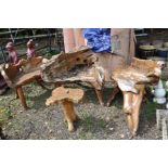 THREE DRIFTWOOD GARDEN CHAIRS, 103cm, 91cm, 77cm wide respectively and 45cm high at the seat and a