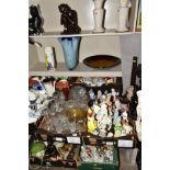 SEVEN BOXES AND LOOSE GLASSWARE, CERAMICS AND WOODEN ITEMS, etc, including a Portmeirion 'Greek Key'