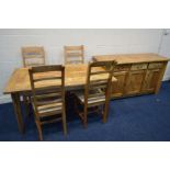 A MODERN HARDWOOD FLAGSTONE STYLE GEOMETRIC TOPPED TABLE ON SQUARE TAPERING LEGS, with four matching