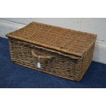 A WICKER PICNIC BASKET WITH CONTENTS