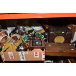 TWO BOXES OF CAMERAS, CUTLERY, TREEN, CERAMICS AND LOOSE, including a 1930's oak cutlery box, a