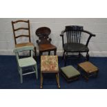 AN EARLY 20TH CENTURY EBONISED SMOKERS CHAIR, (s.d.), together with a Victorian mahogany hall chair,