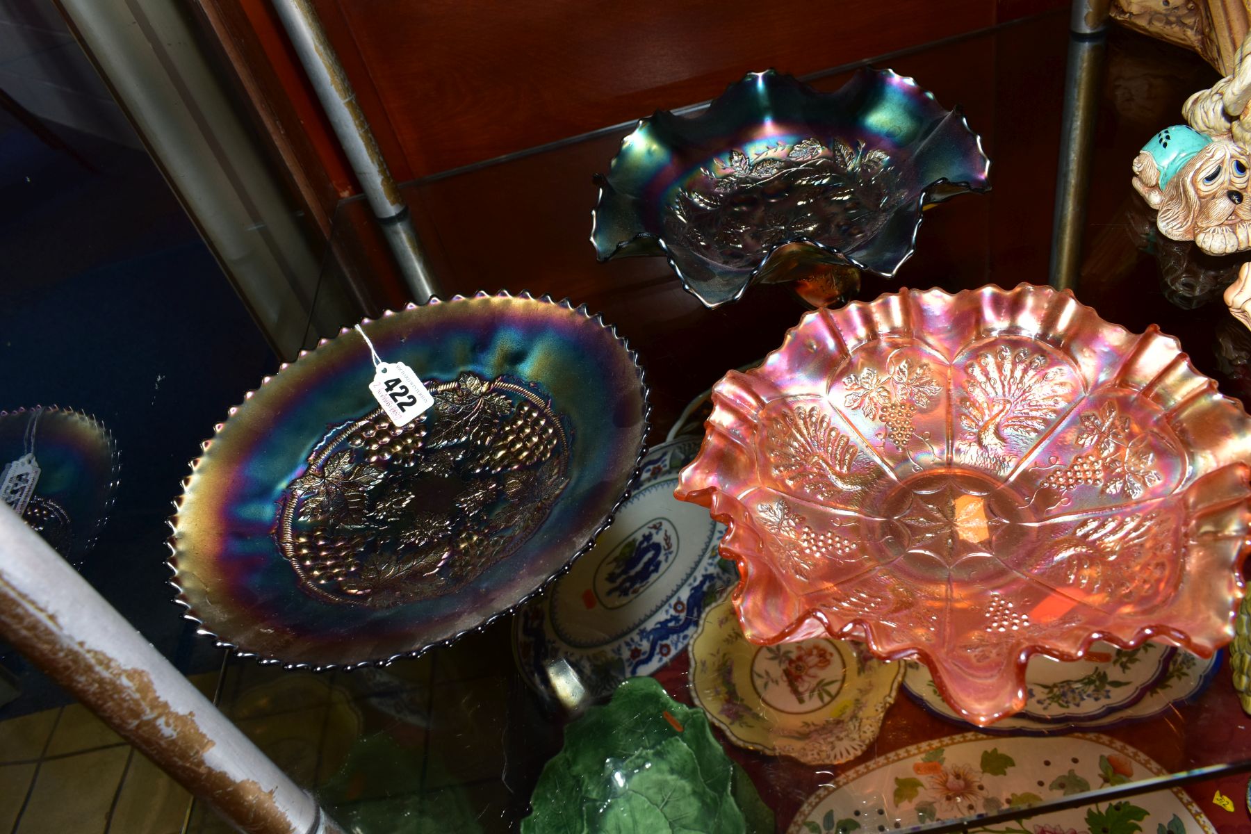 TWO PURPLE CARNIVAL GLASS FOOTED DISHES, one with grape decoration, approximate diameter 23cm and - Image 3 of 3