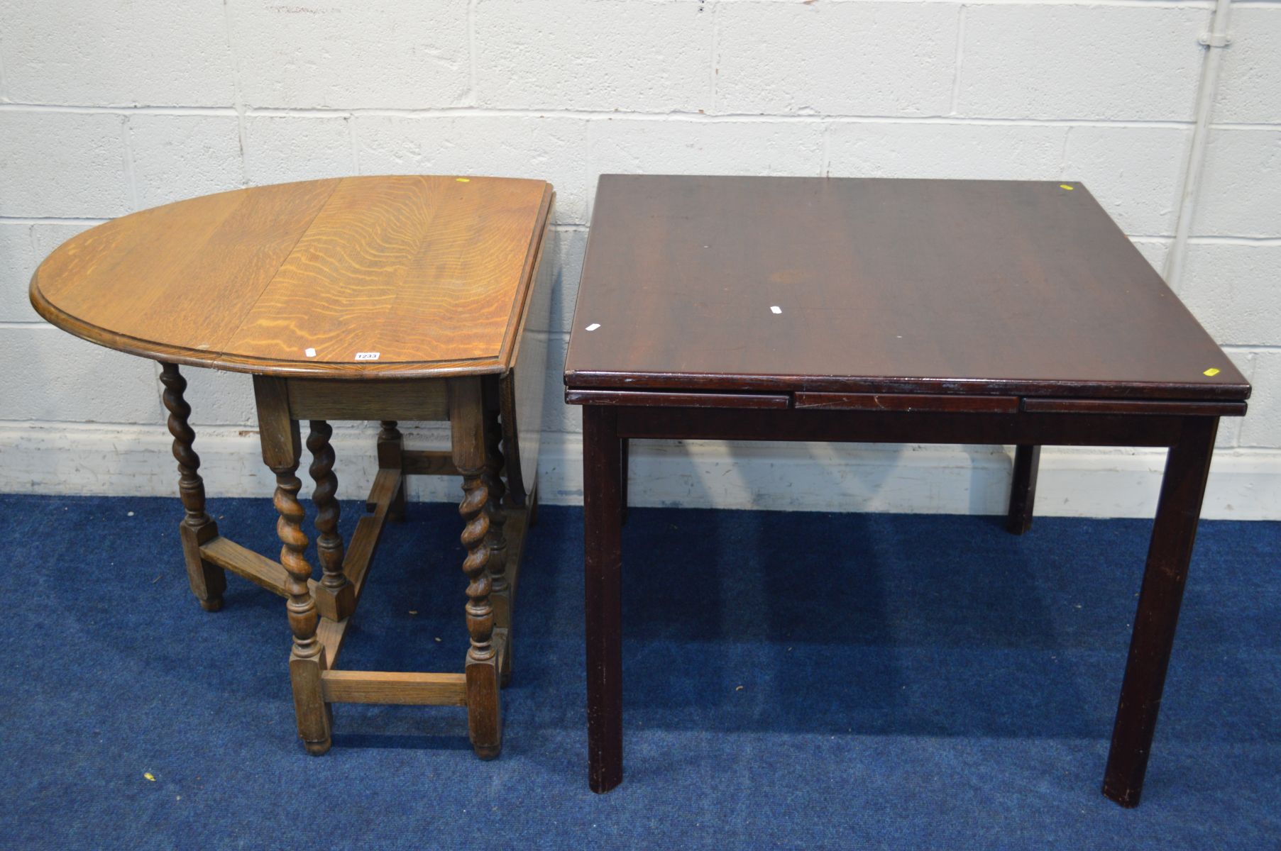 AN OAK BARLEY TWIST OVAL TOP DROP LEAF TABLE together with a square draw leaf table (2)