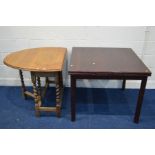 AN OAK BARLEY TWIST OVAL TOP DROP LEAF TABLE together with a square draw leaf table (2)