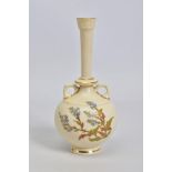 A ROYAL WORCESTER TWIN HANDLED BULBOUS SHAPED BUD VASE, ivory ground, gilt details, printed and