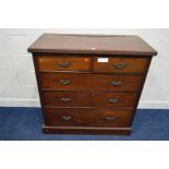 AN EDWARDIAN MAHOGANY CHEST OF TWO SHORT AND THREE LONG GRADUATING DRAWERS, width 109cm x depth 54cm
