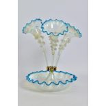 A LATE VICTORIAN BLUE, VASELINE AND CLEAR GLASS EPERGNE, three trumpets, frilled rims and with