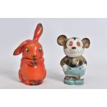 AN EARLY 20TH CENTURY PORCELAIN 'MICKEY MOUSE' JAR AND COVER, with red eyes and smiling mouth
