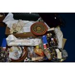 TWO BOXES OF VINTAGE BUTTONS, NEEDLEWORK EQUIPMENT, BAGS, TABLE LINEN, KNITTING NEEDLES, etc,