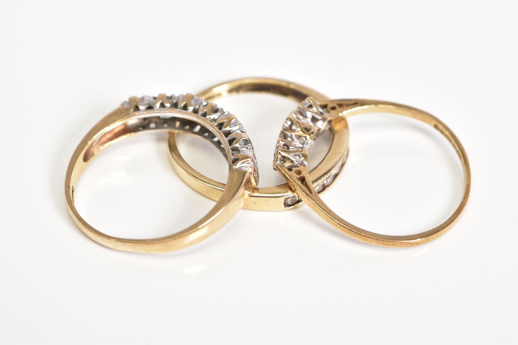 THREE 9CT GOLD GEM SET RINGS, the first a three stone single cut diamond ring within an illusion - Image 3 of 3