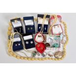 A SELECTION OF JEWELLERY, to include eight pairs of earrings such as a pair of 9ct gold openwork