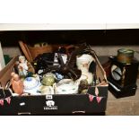 TWO BOXES OF CERAMICS, GLASSWARE, METALWARES, CAMERAS, CLOCKS, etc including wooden and slate