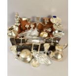 A BOX OF SILVER PLATE, to include a Victorian engine turned three piece coffee service, with caddy/
